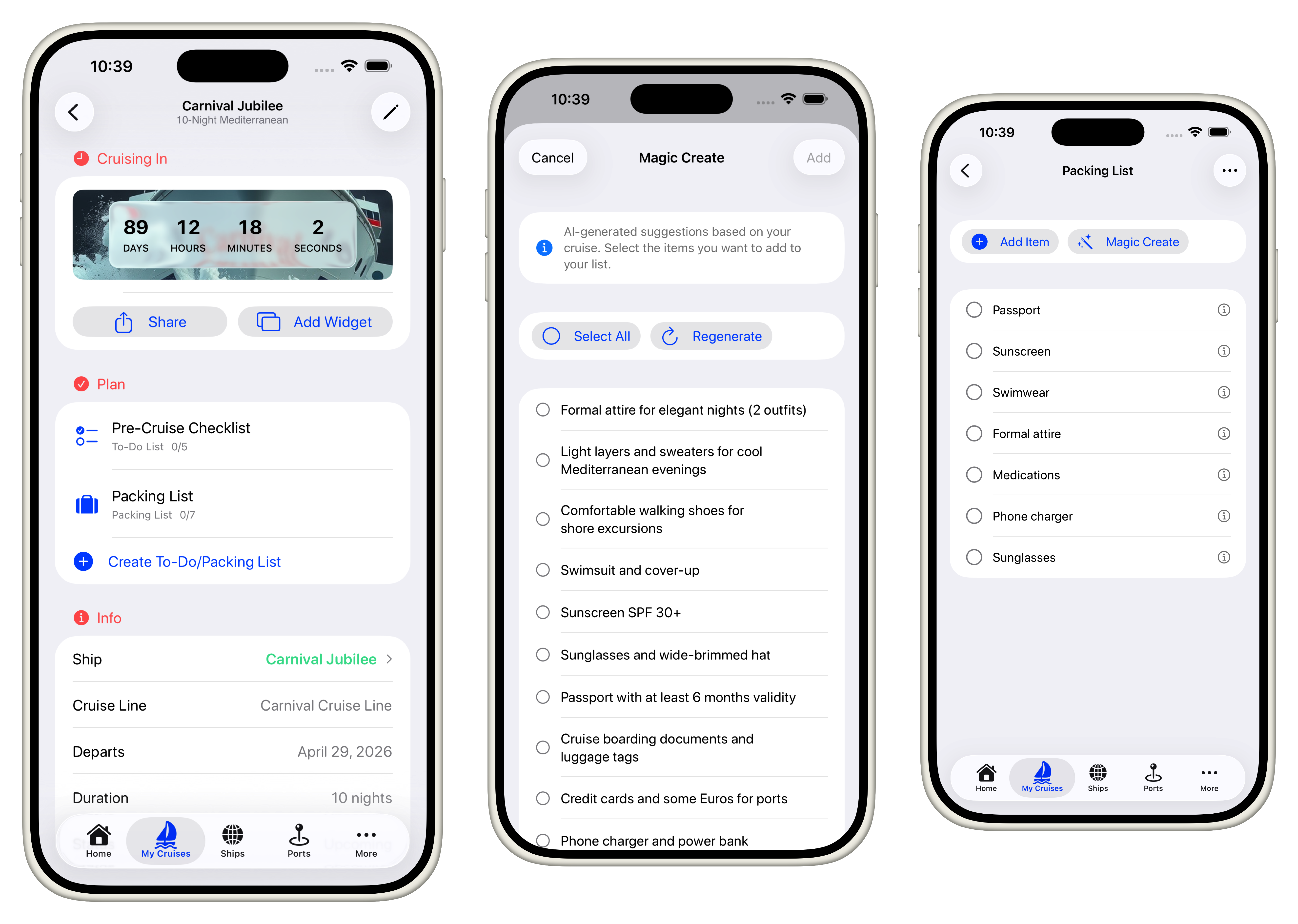 CruiseKick planning screens showing cruise detail with countdown, AI-powered suggestions, and packing list on three iPhones