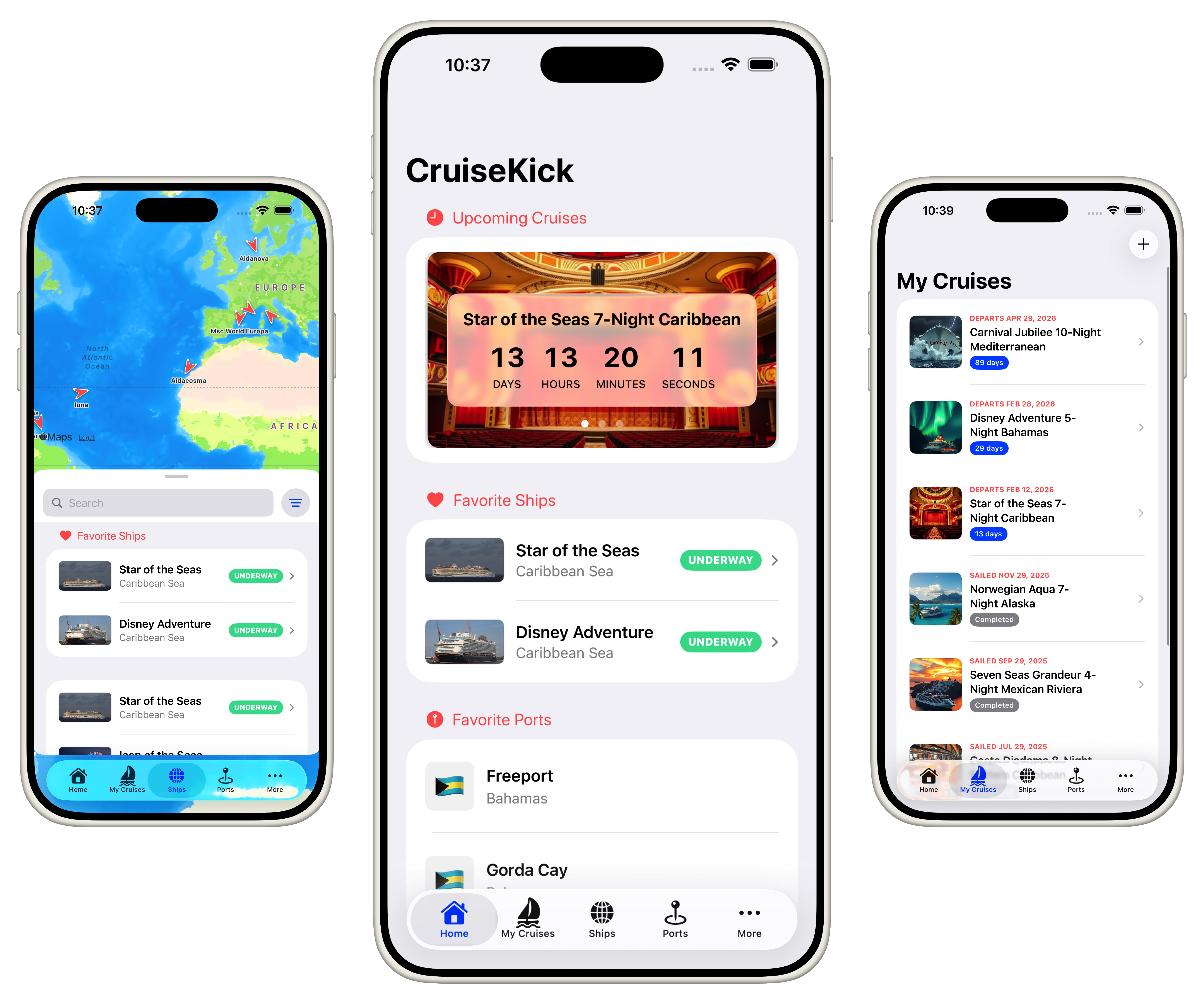 CruiseKick app showing live ship tracking map, home dashboard, and cruise logbook on three iPhones