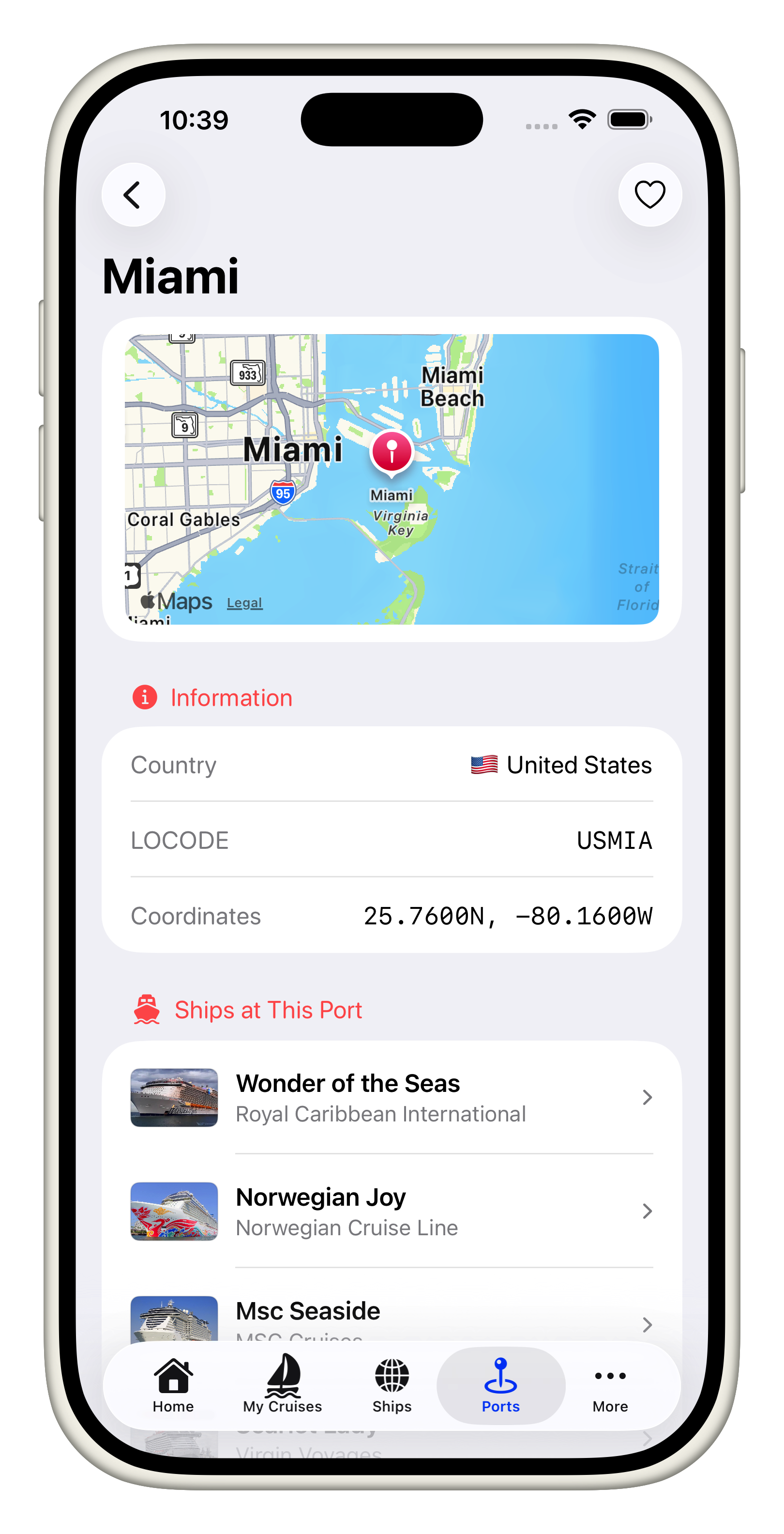 CruiseKick port detail screen showing Miami cruise port information and docked ships