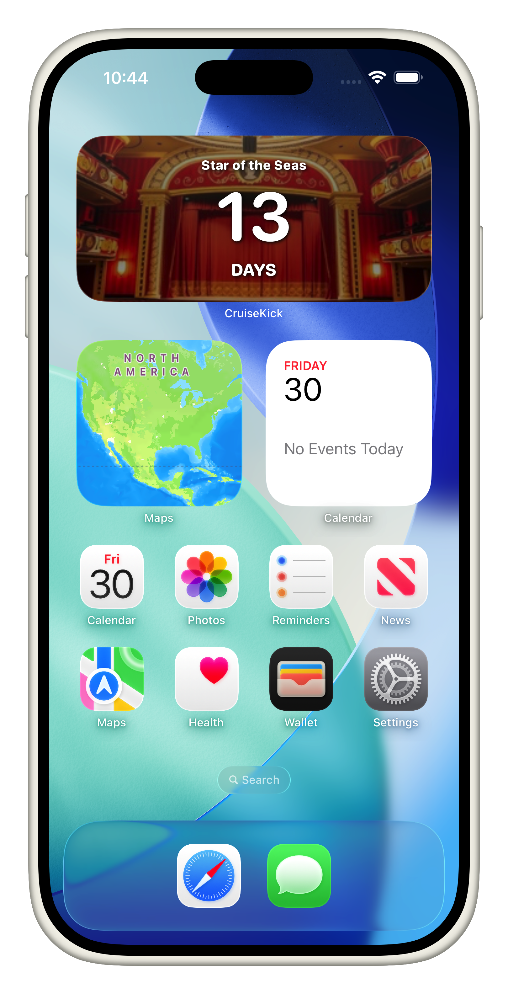 iPhone home screen with CruiseKick countdown widget showing days until next cruise departure