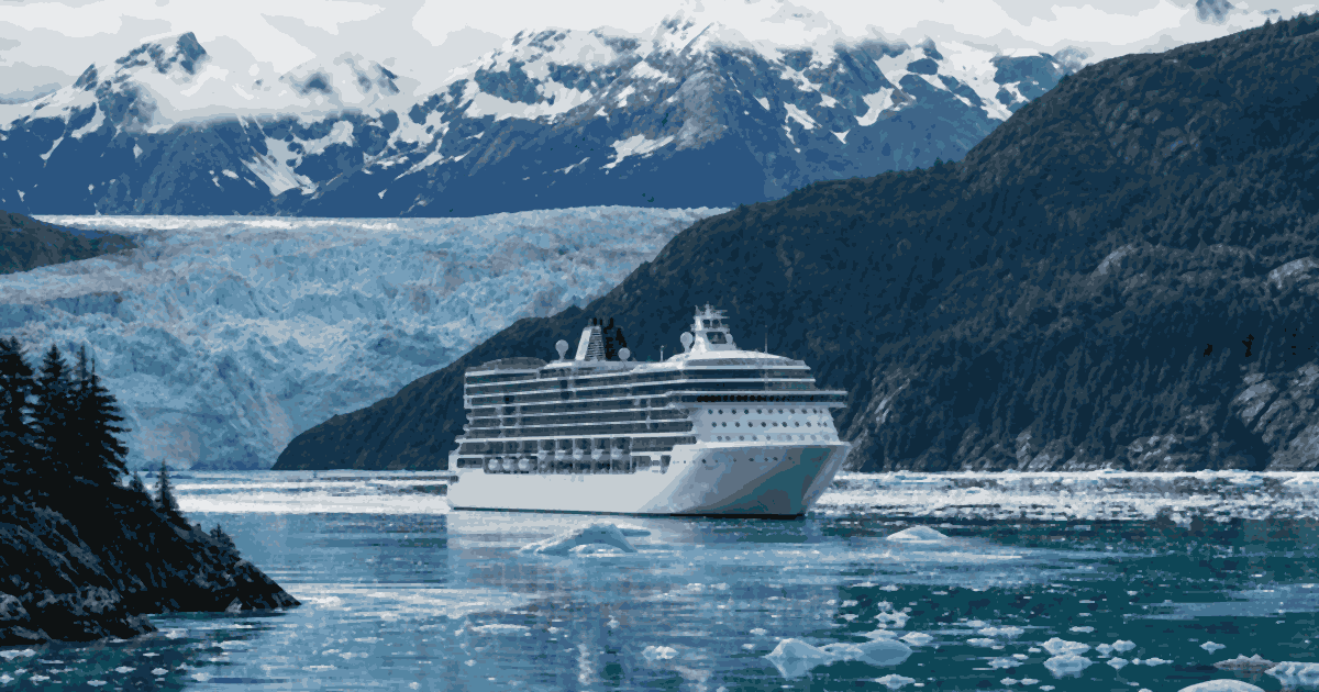 An Alaska cruise ship sailing past a tidewater glacier
