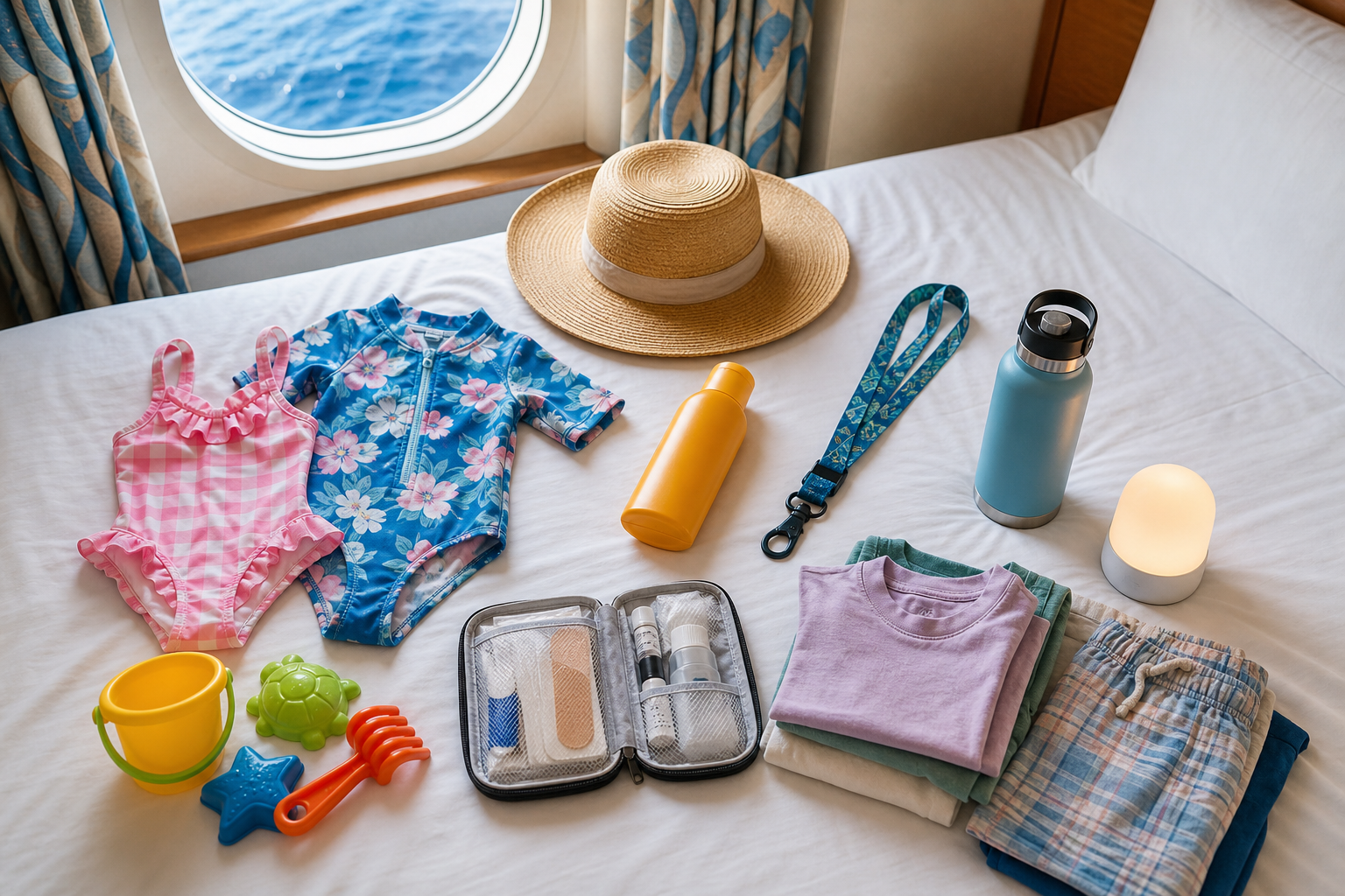 Family cruise packing essentials laid out for kids